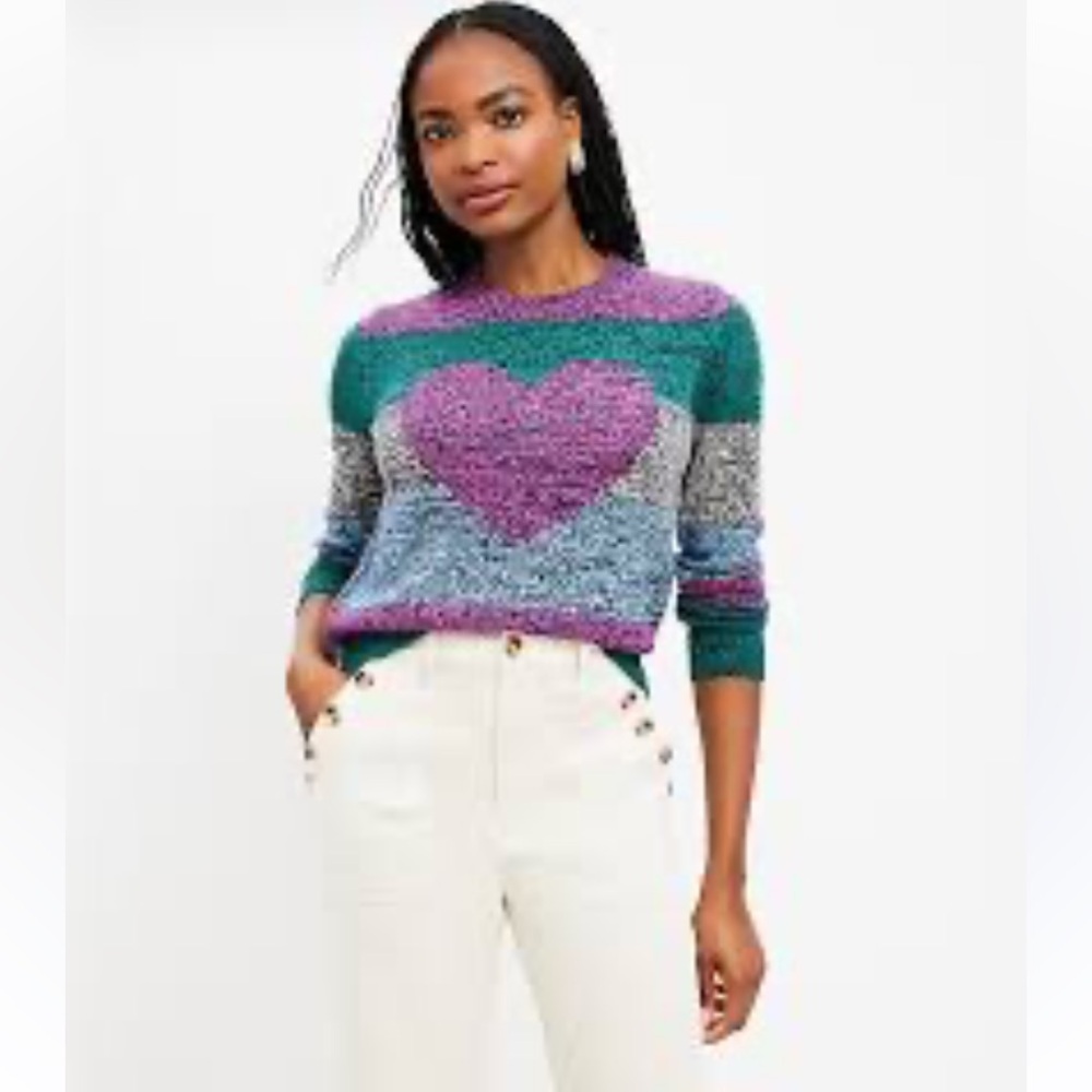LOFT Cotton Blend Heart Stripe Knit Sweater Size XXL